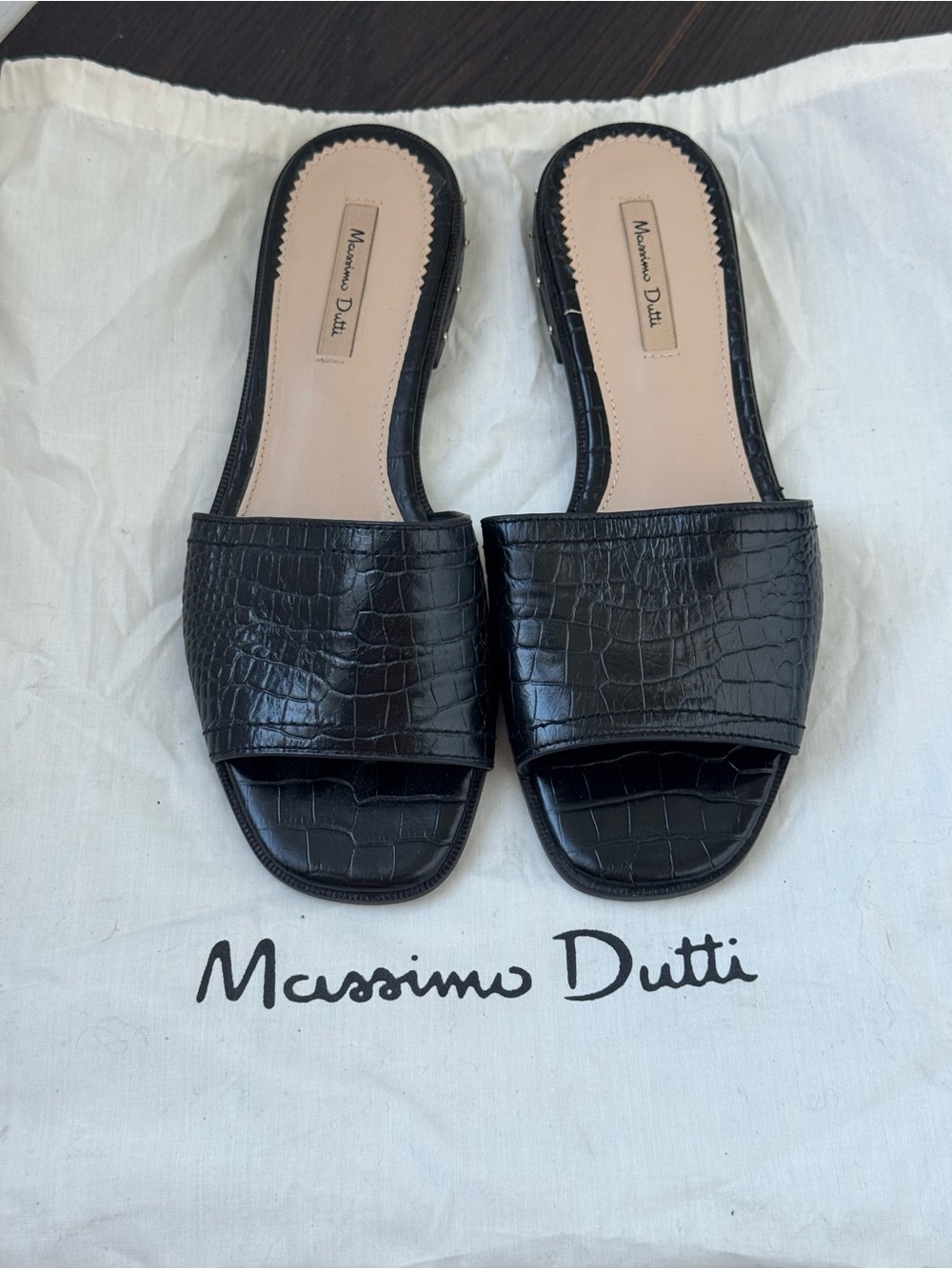 Massimo Dutti Black Croc Embossed Leather Slide Sandals EU 36 / US 6